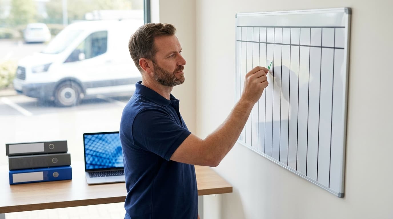 A trade business owner in a plain navy polo shirt marking a checkmark on a blank wall calendar in a bright office, with binders and a work van visible behind him