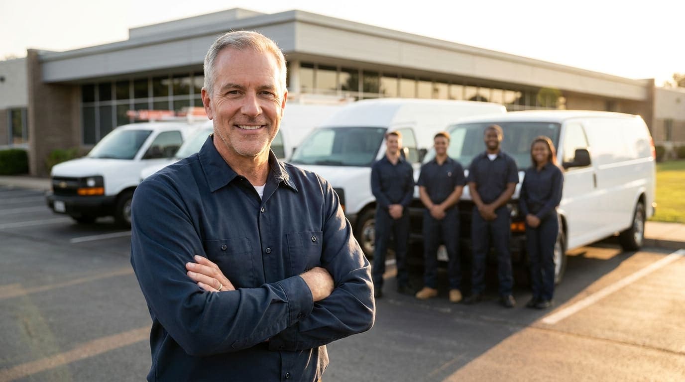 A confident trade business owner standing in front of his work vans and crew