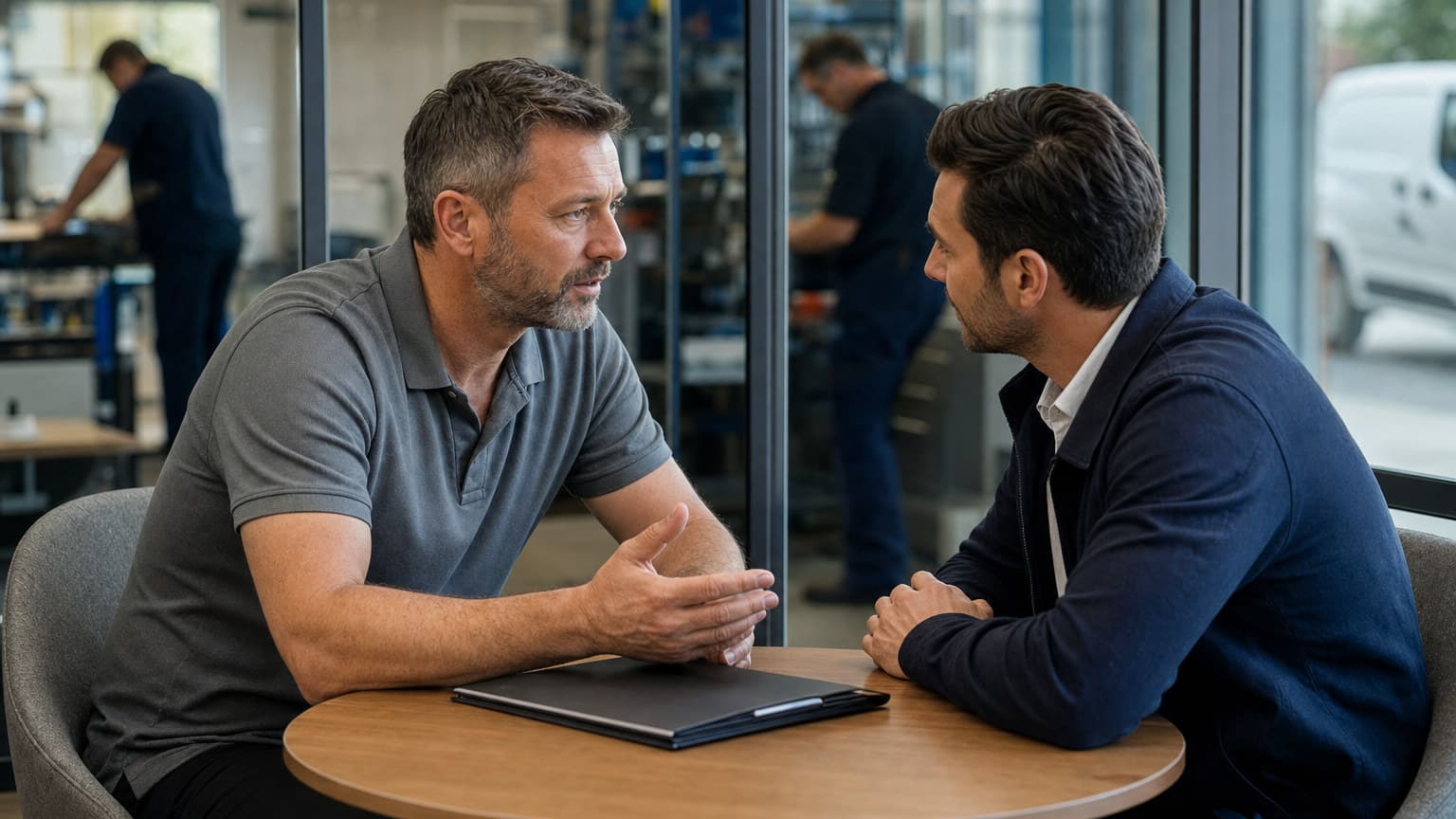 A business owner meeting privately and discreetly with a buyer away from the shop floor.