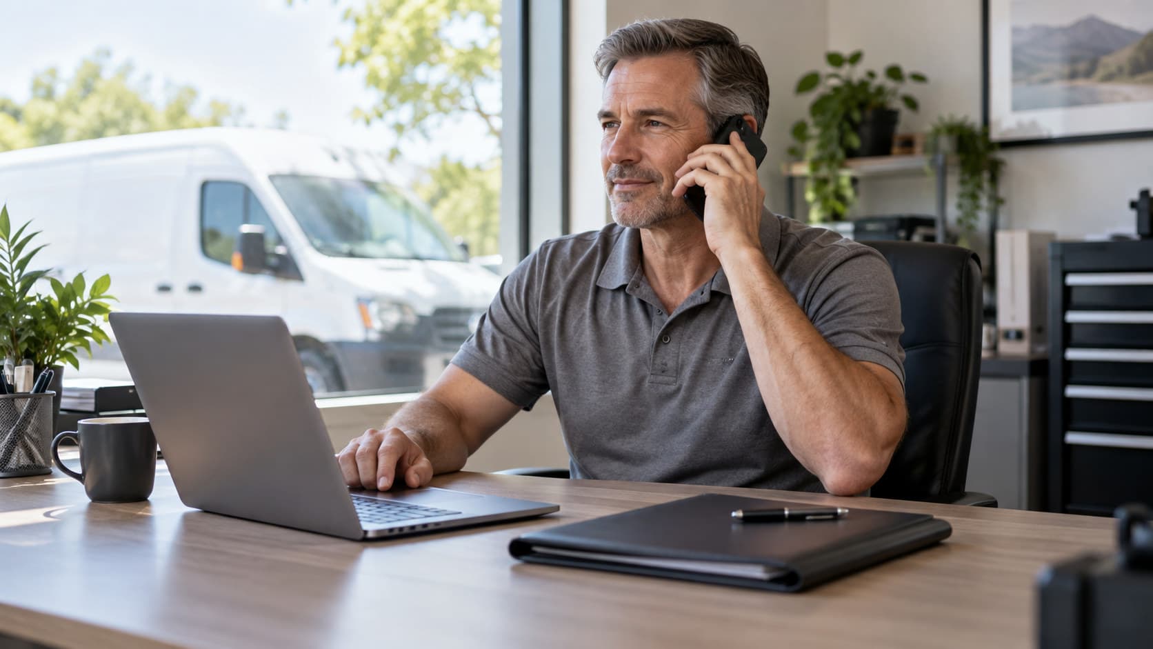 A trade business owner alone at his office desk, one hand on a laptop and the other holding a phone to his ear, a work van visible through the window behind him