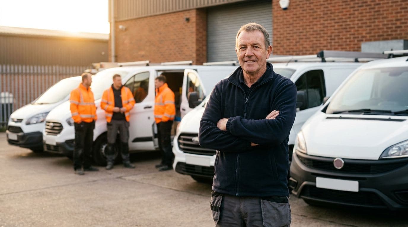 A proud UK contracting business owner standing in front of a row of clean white work vans with his team in the background at golden hour