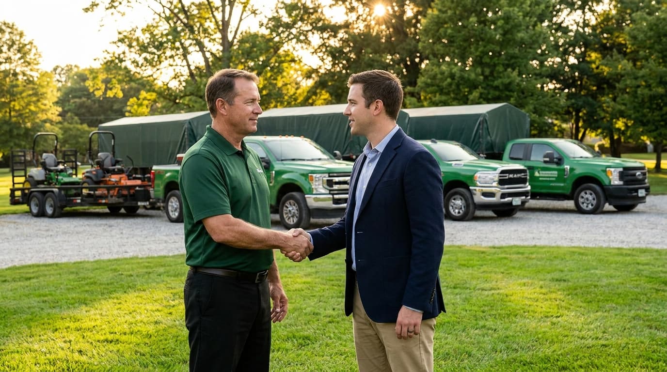 A landscaping business owner shaking hands with a buyer in front of a row of branded green landscaping trucks on a lush commercial lawn, closing a deal outdoors in daylight