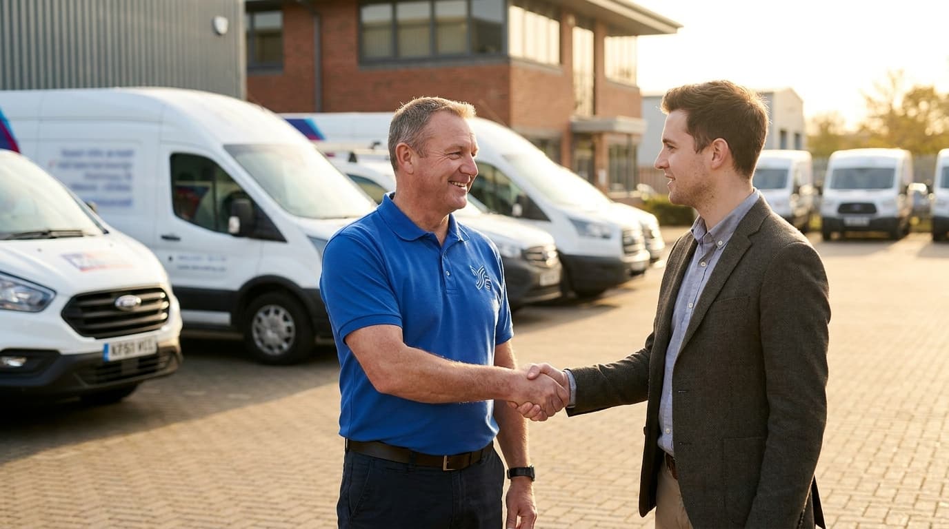 A plumbing business owner shaking hands with a buyer beside a row of branded plumbing service vans, closing a deal outdoors in daylight