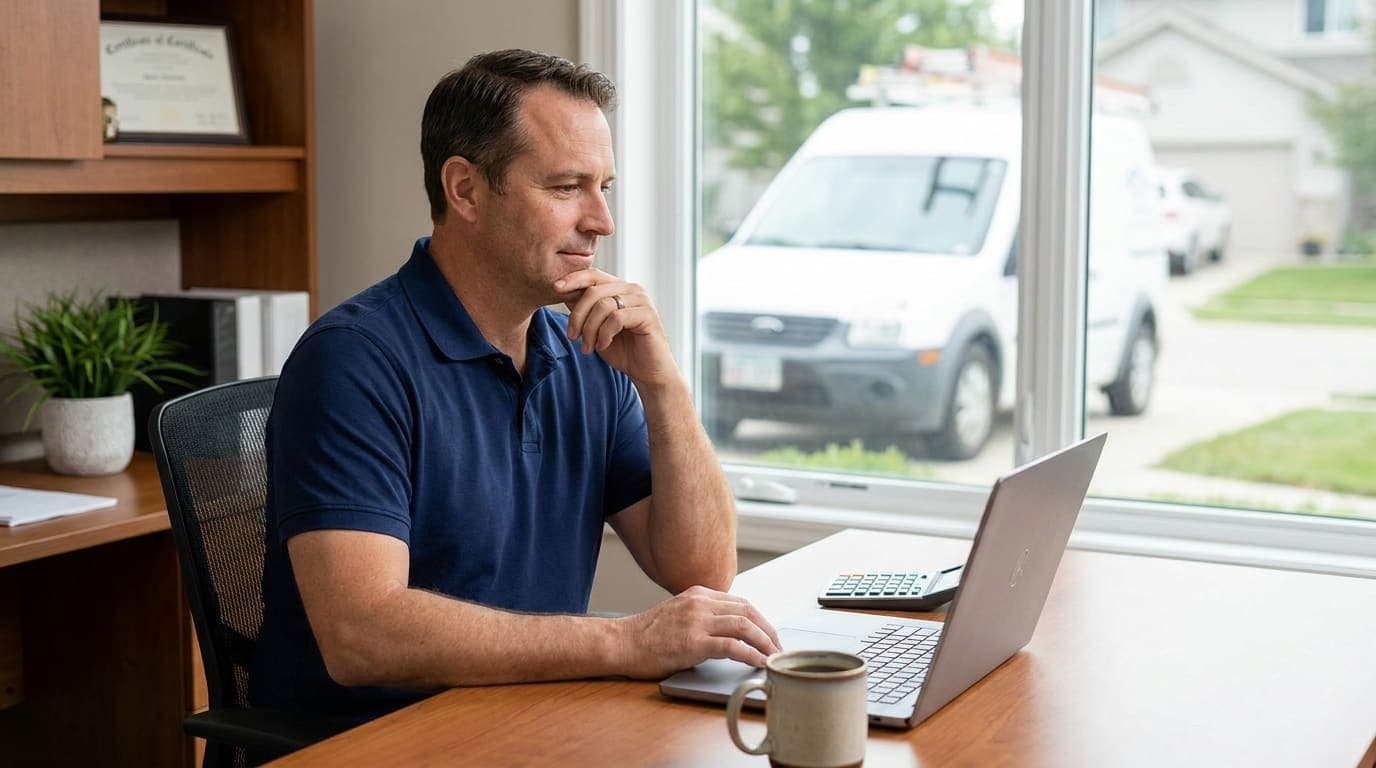 A trade business owner reviewing business performance on a laptop at a tidy office desk