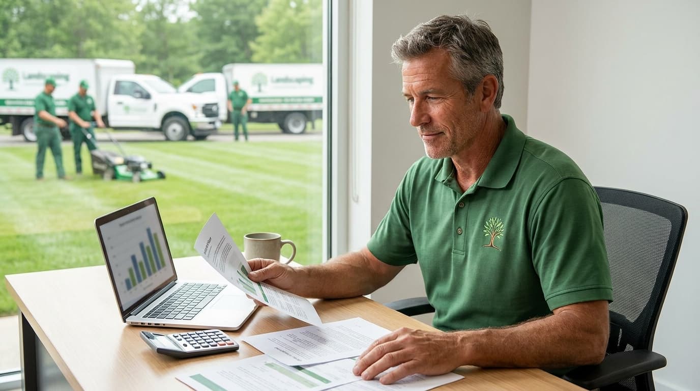 A landscaping business owner reviewing a valuation report and financial documents at a tidy desk, with branded landscaping trucks and a uniformed crew visible through the office window