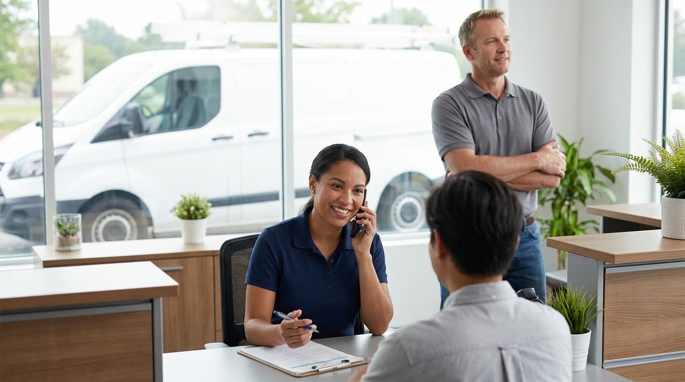 A trades business owner in a plain work polo standing apart while two employees at a service counter handle a customer call and paperwork without him, a work van visible through the window
