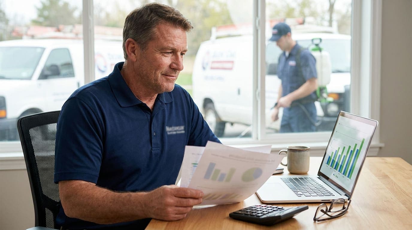 A pest control business owner reviewing a valuation report and financial documents at a tidy desk, with a branded pest control van and a uniformed technician with a spray backpack visible through the office window