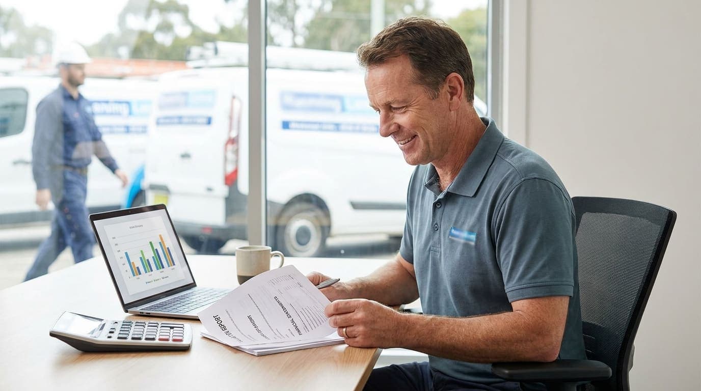 A plumbing business owner reviewing a valuation report and financial documents at a tidy desk, with branded plumbing vans visible through the office window