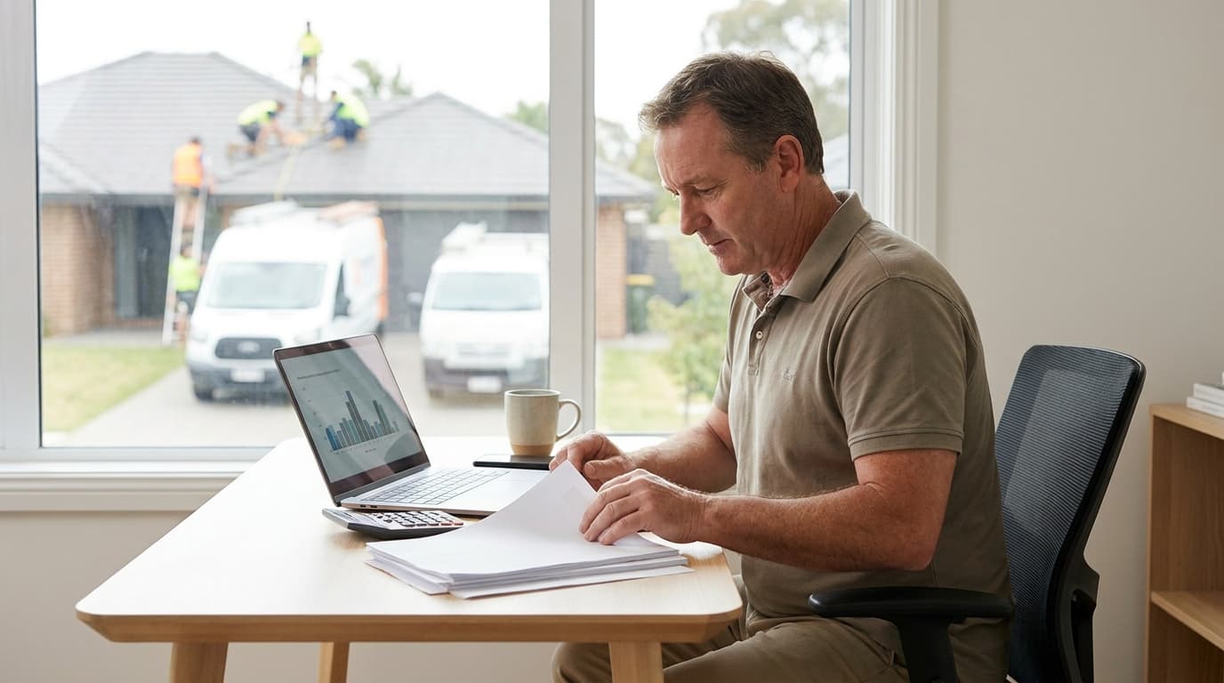 A roofing company owner reviewing a valuation report and financial documents at a tidy desk, with branded roofing trucks and a uniformed crew working on a residential roof visible through the office window