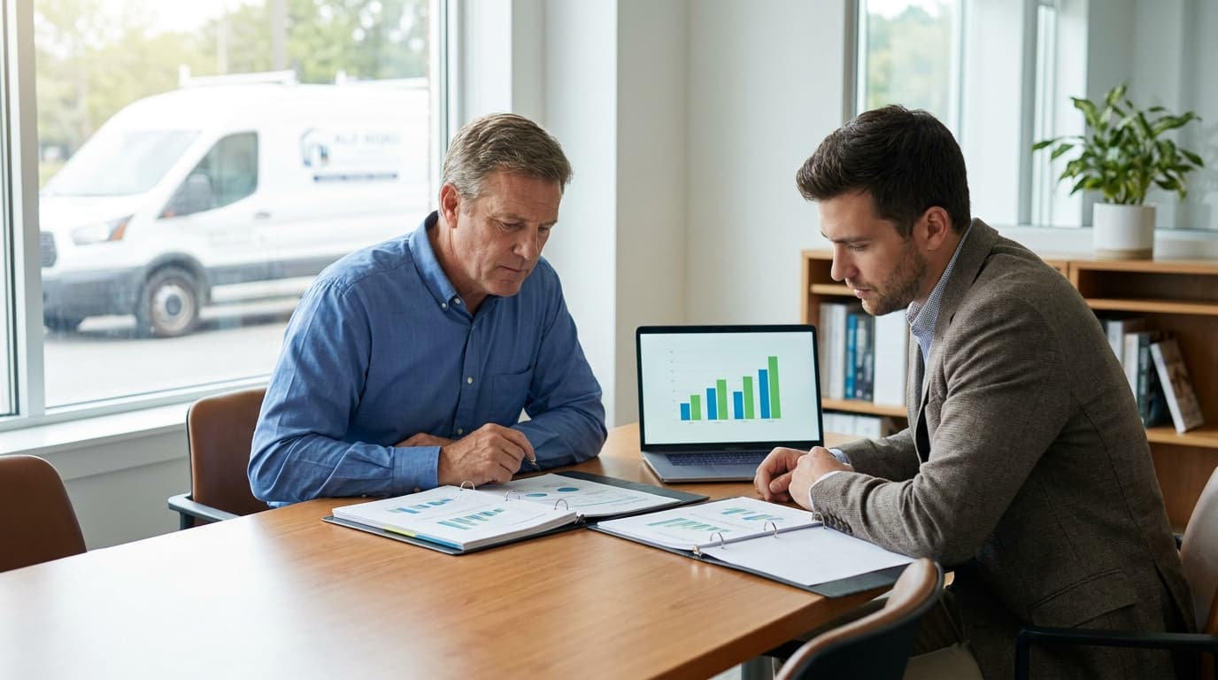 A trade business owner and a financial advisor comparing two printed earnings statements and a laptop chart at a meeting table, a work van visible through the window