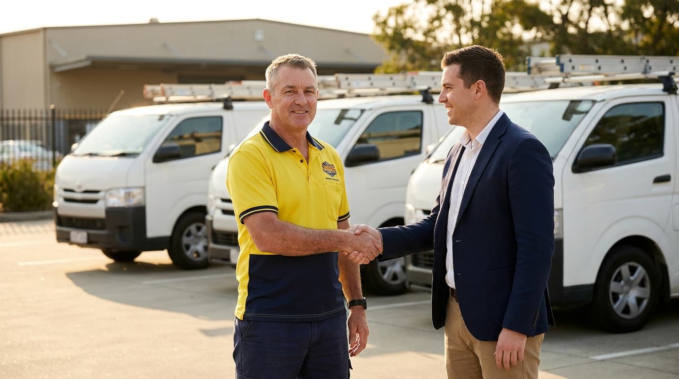 An electrical contracting business owner shaking hands with a buyer in front of a row of branded electrical service vans, closing a deal outdoors in daylight