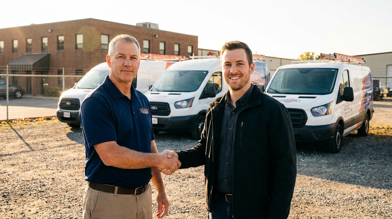 An HVAC business owner shaking hands with a buyer in front of a row of branded HVAC service vans, closing a deal outdoors in daylight