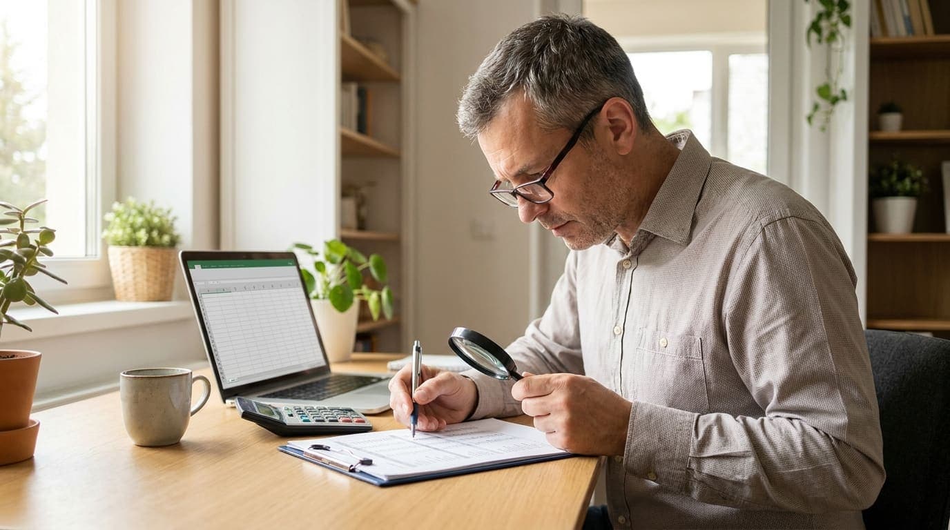 A trade business owner carefully reviewing financial documents line by line at a tidy desk with a calculator, pen and laptop showing a spreadsheet