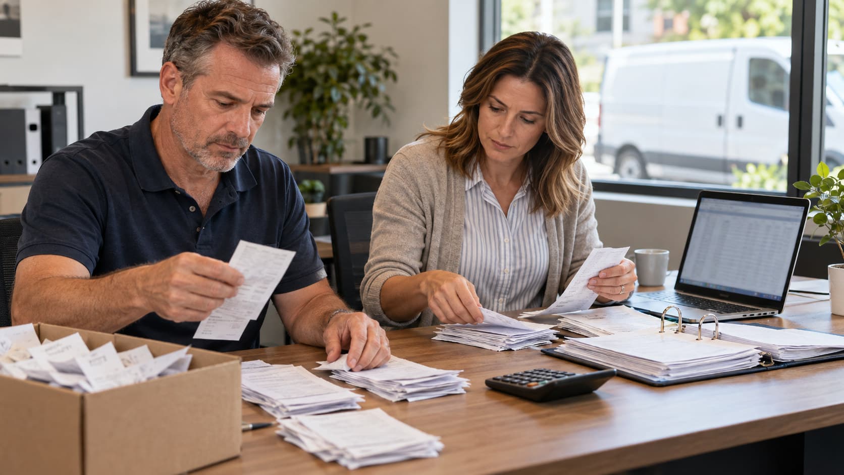 A business owner and accountant reviewing financial documents together at a desk.