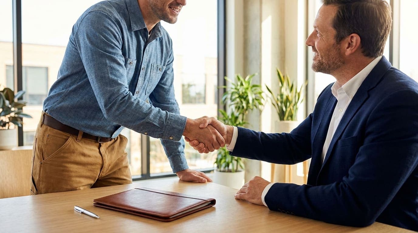 A tradesperson and a business advisor shaking hands across a desk as a sale is agreed