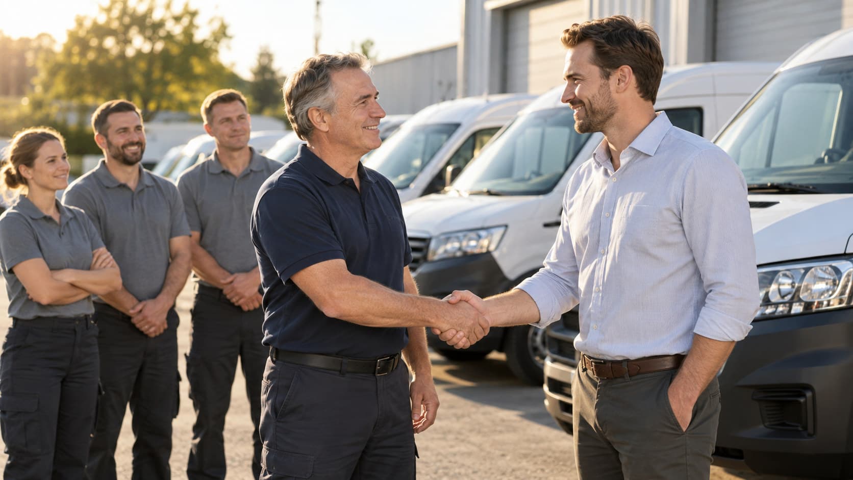 A trade business owner shaking hands with the new owner in a company yard while the crew looks on.