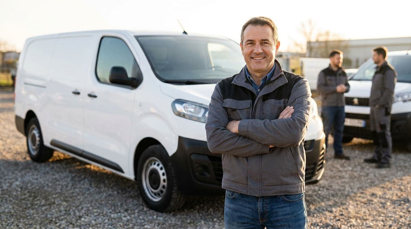 A trade business owner standing confidently in front of a work van with their crew in the background
