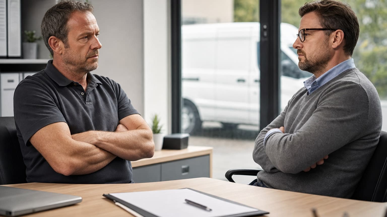 A business owner and buyer sitting across a desk with a stalled purchase agreement between them.
