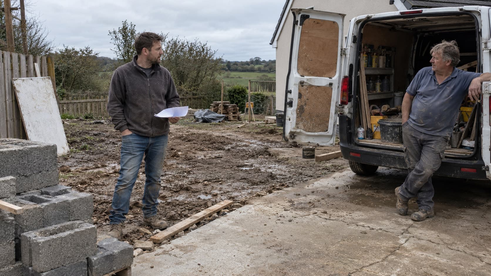 A buyer and a tradesperson standing either side of an empty lot next to a work van, weighing up buying an existing business against starting one from scratch