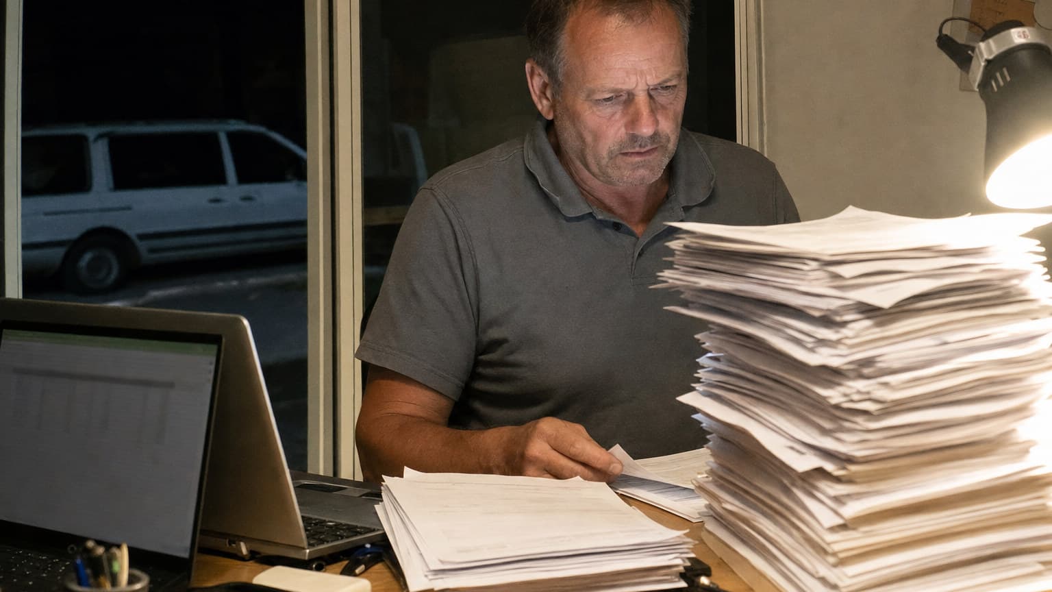 A trade business owner at a cluttered desk at night, sorting invoices into a small pile and one much taller dominant pile, a laptop and dark work van visible through the window behind him