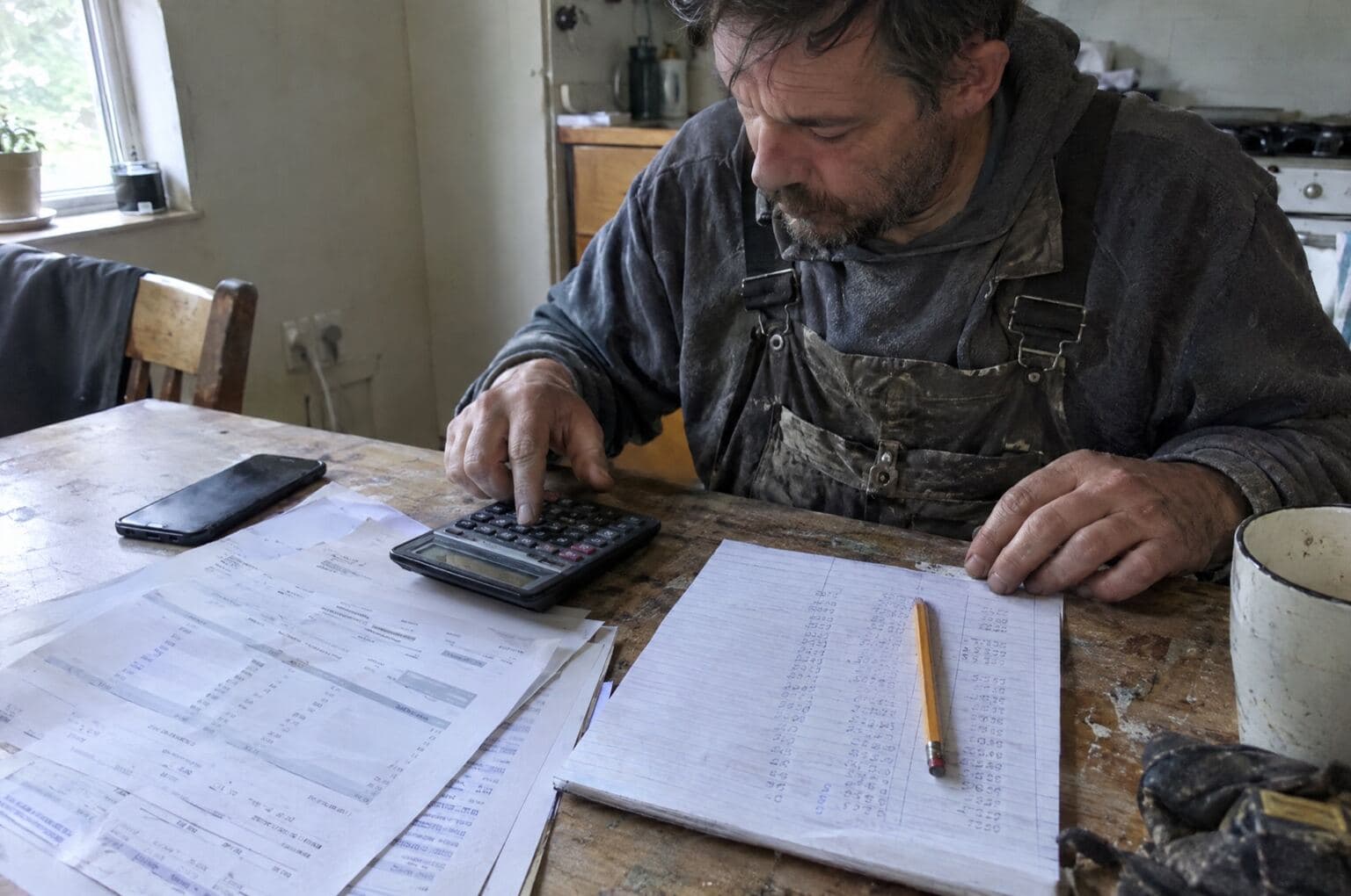 A person working through a budget with a calculator and bank statements