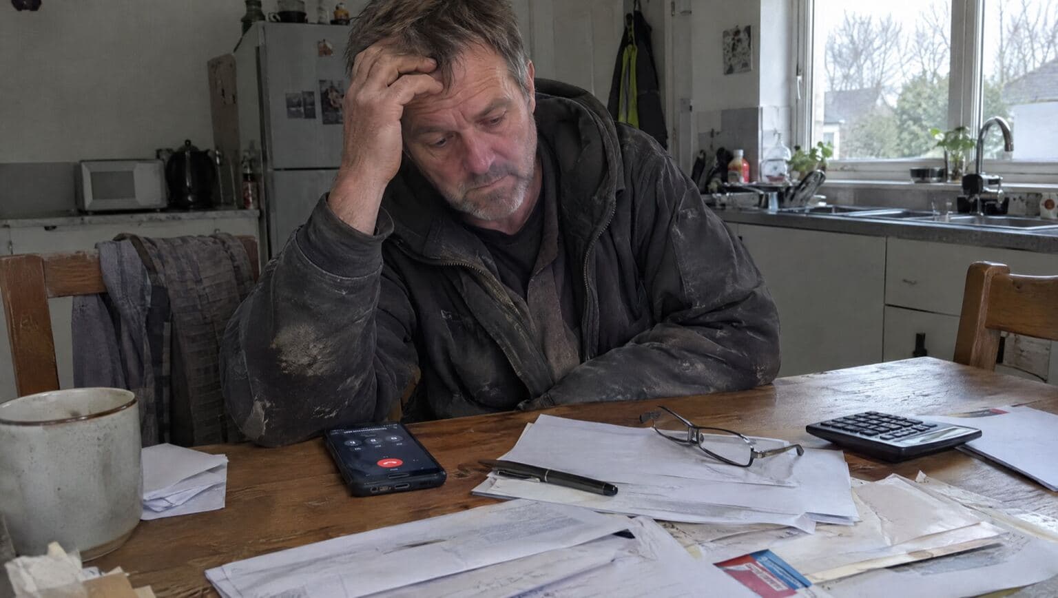 A business owner on hold on the phone with paperwork in front of him