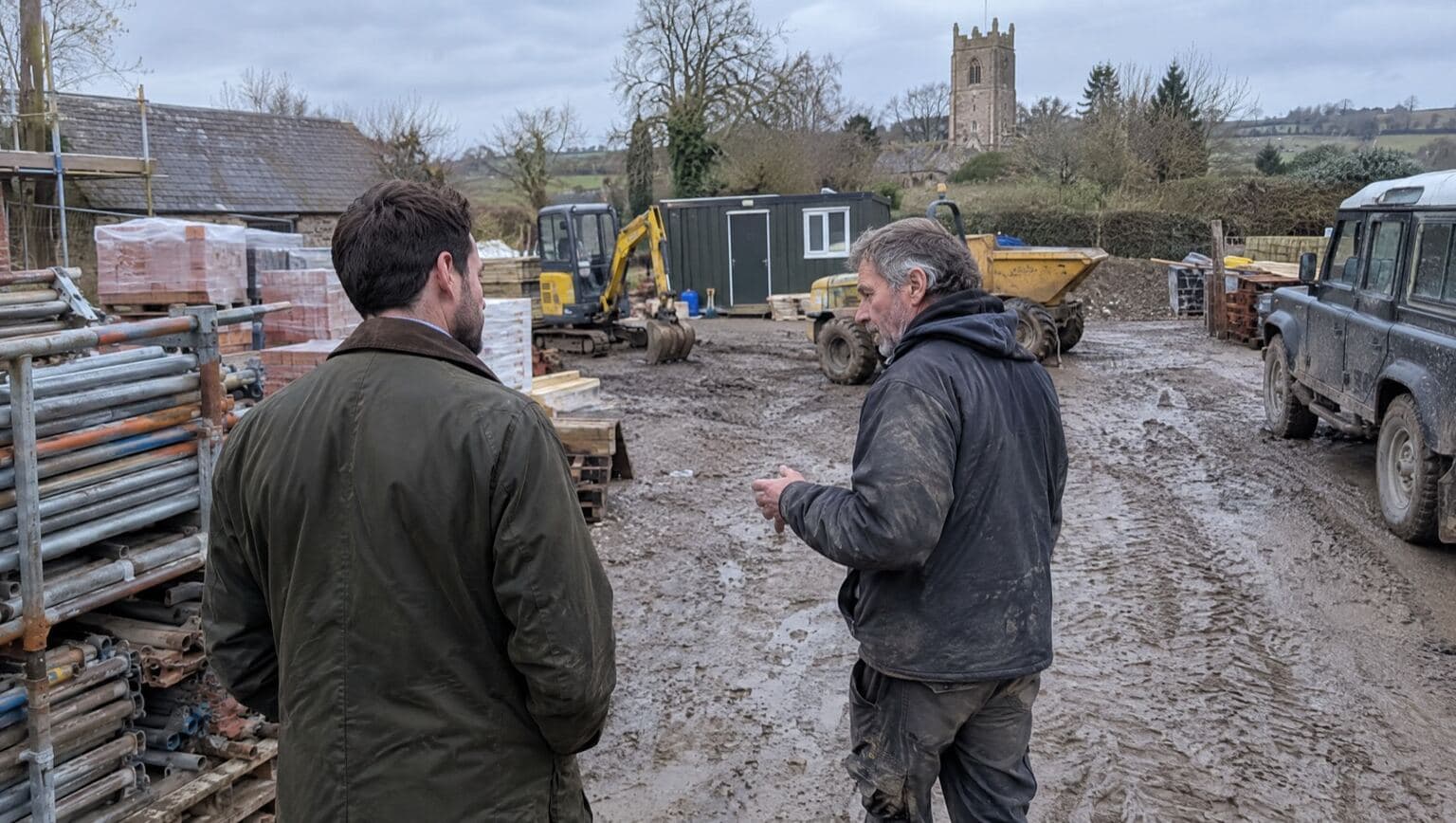 A buyer visiting a contractor's yard in England