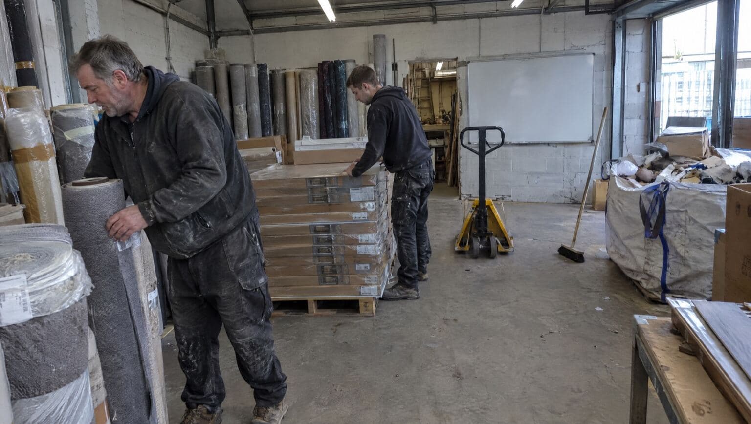 A business owner tidying and labelling stock in his unit