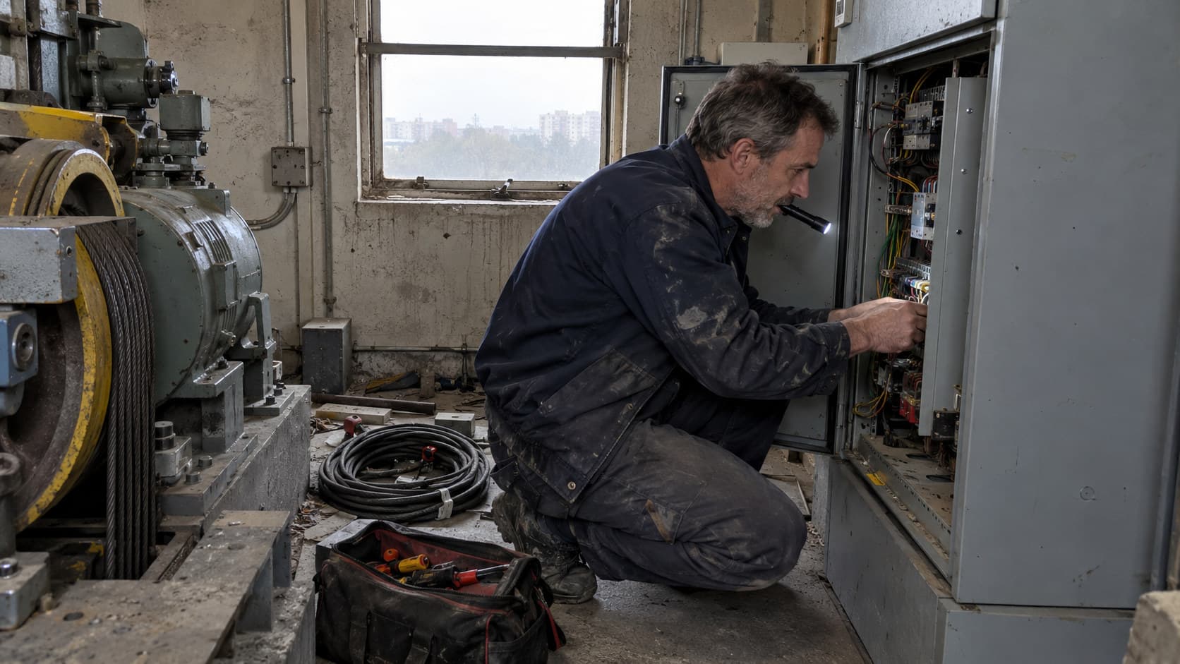 An elevator engineer in a worn work jacket opening the control cabinet in a lift machine room, a toolbag on the floor beside him