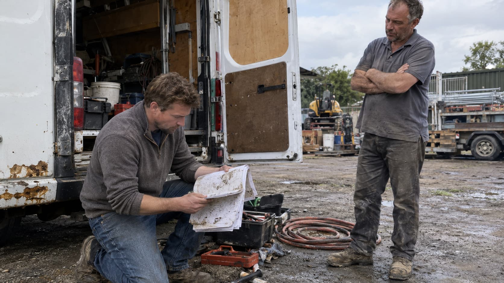 A buyer checking maintenance records on a work van before buying a trades business