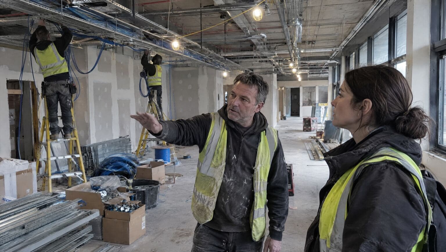 An electrical contractor's crew working on a commercial fit-out
