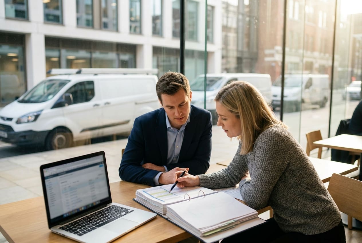 A buyer and a business owner reviewing company documents and register checks across a table before a trade business sale