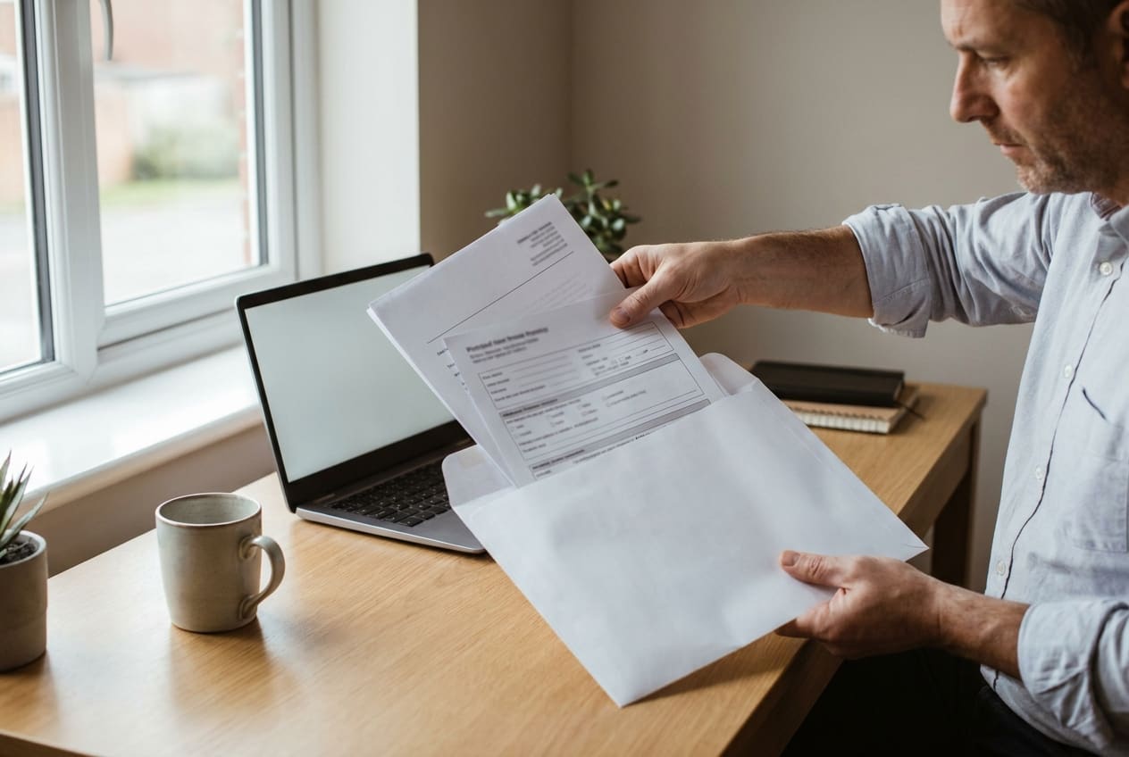A director assembling a paper filing pack of forms and supporting evidence to post to Companies House in Cardiff