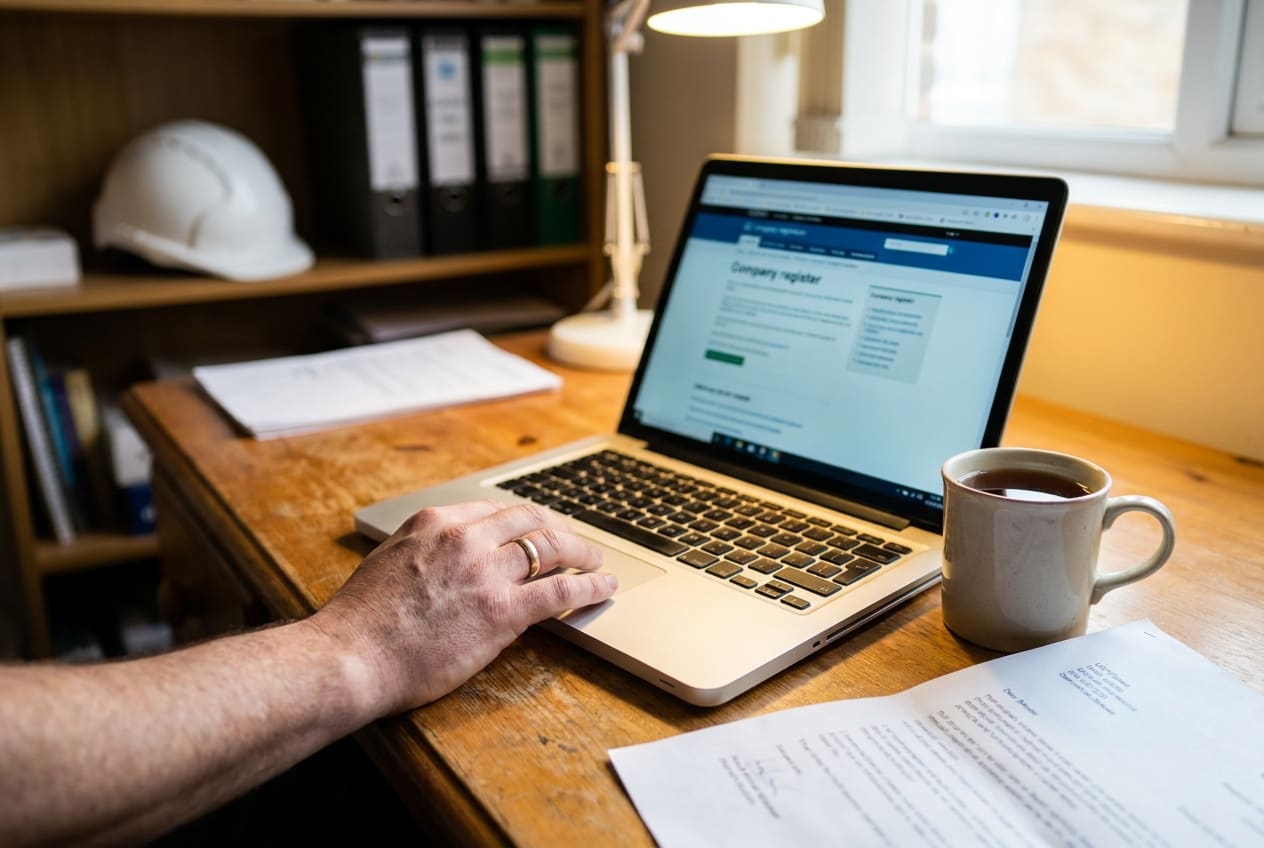 A trade business owner checking his company's filing history on the Companies House register at his desk