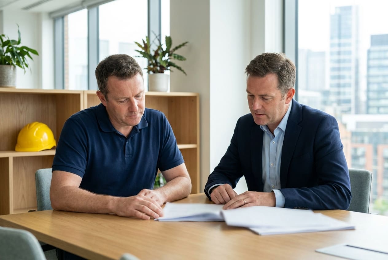 A UK trade business owner going through monthly management accounts with an accountant before calling HMRC back