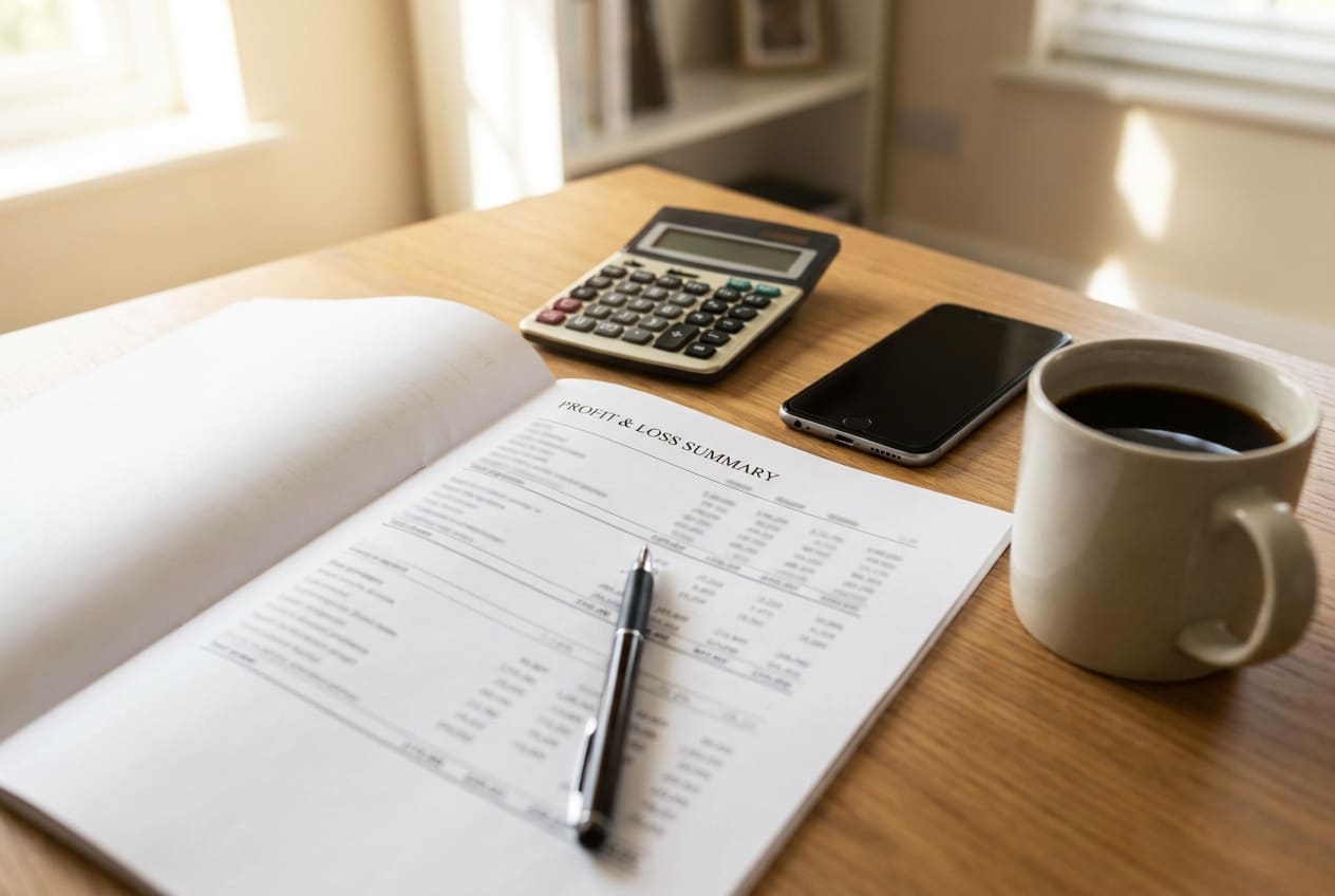A printed monthly profit and loss summary, calculator and phone on a desk, the figures HMRC asks for on a Time to Pay call
